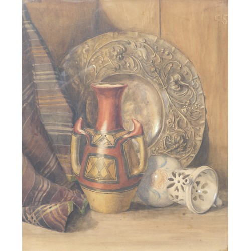 7016 - CHARLES MAC IVER GRIERSON (1864-1939): A watercolour 'Still Life Study', vases and embossed charger.... 