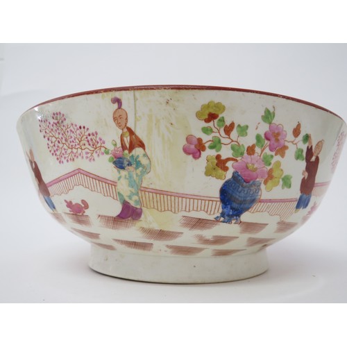 1083 - An 18th Century Chinese bowl with figural scene, damage present, 10.5cm tall x 25.5cm diameter