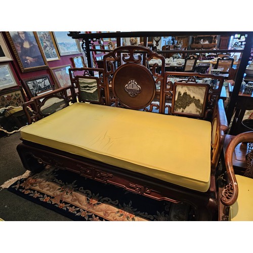 1086 - A Chinese hardwood opium daybed, scrolled back support with black and white marble panels, 140cm tal... 