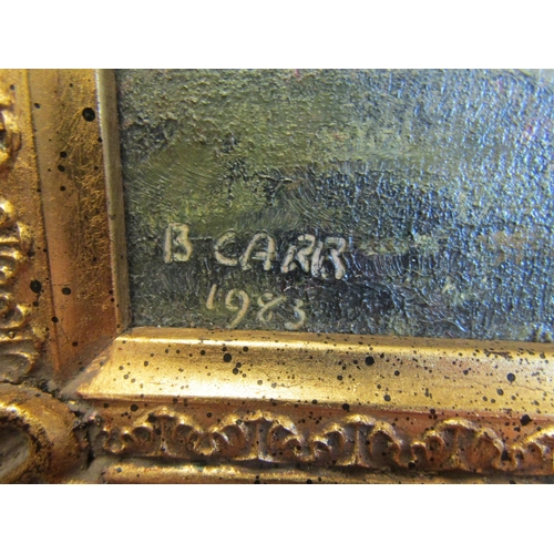 1057 - BARBARA CARR: An oil on board of cottage and figure on horseback, signed and dated 1983 lower left, ... 