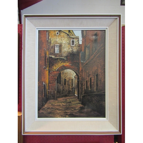 1063 - A mid-20th Century oil on canvas, Continental street alley scene. Indistinctly signed bottom left. I... 