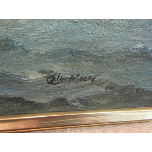 1067 - COLIN MOORE (XIX-XX): An oil of sailing vessel, signed lower right, gilt framed, 34cm x 59.5cm image... 