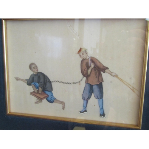 1069 - Two Oriental watercolours on rice paper, one depicting man in chains, the other a man about to be ex... 