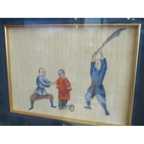 1069 - Two Oriental watercolours on rice paper, one depicting man in chains, the other a man about to be ex... 