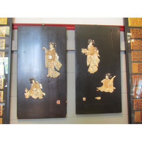 1074 - Two Oriental panels, formerly cabinet doors, bone and abalone decoration of ladies in traditional dr... 