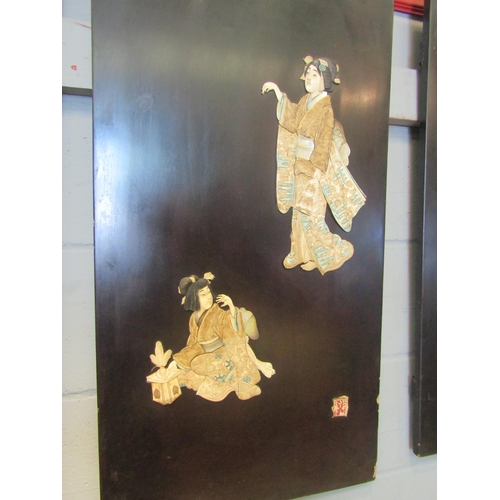 1074 - Two Oriental panels, formerly cabinet doors, bone and abalone decoration of ladies in traditional dr... 