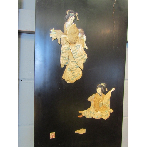 1074 - Two Oriental panels, formerly cabinet doors, bone and abalone decoration of ladies in traditional dr... 