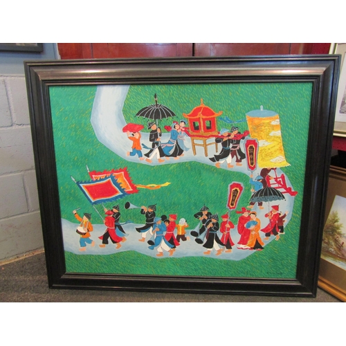 1075 - A large Oriental oil on canvas depicting parade scene, framed, marked Thornton Hanoi 1999 verso, 78c... 