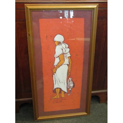 1077 - A D.Thornton silk print of lady holding fish head, Seychelles 1977, framed and glazed, 86cm x 41cm i... 