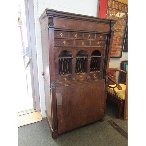 1080 - A George III cross-banded mahogany escritoire, the fall-front opening to reveal ten small drawers, s... 