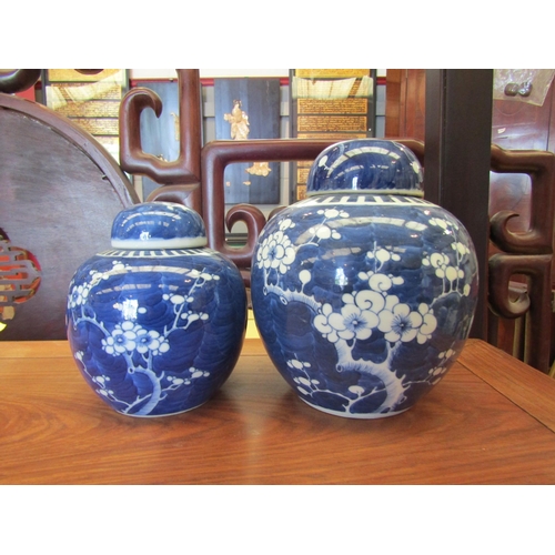 1089 - Two Oriental blue and white prunus design ginger jars with covers, blue rings to base of each, talle... 