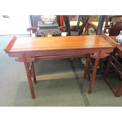 1098 - A Chinese hardwood alter table with shaped frieze, 90cm tall x 128cm long x 39cm wide