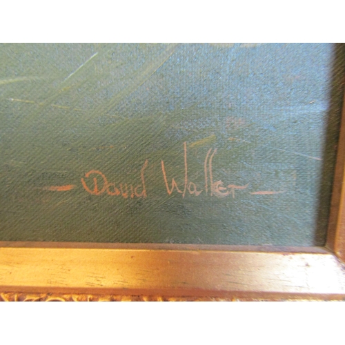 1012 - DAVID WALLER: An oil on canvas depicting a seated Golden Labrador outside barn.   Signed lower right... 