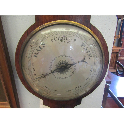 1026 - An S.Pelzini, London, early 19th Century mahogany aneroid barometer/ thermometer, loss to top