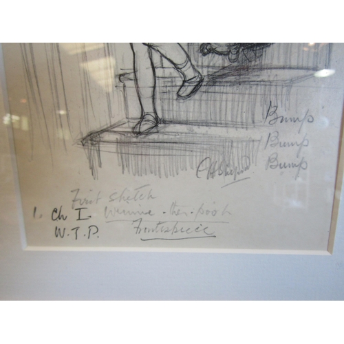 1037 - A pair of pencil sketch prints of Winnie the Pooh and Christopher Robin 