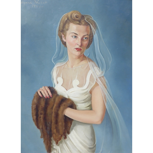 7057 - EDWARD HURST (1912-1972) An oil on canvas portrait of the 1940's Hollywood socialite Valerie Cole. S... 