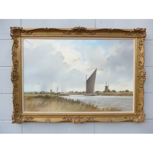 7080 - COLIN W. BURNS (b.1944) An oil on canvas, Broads scene with Wherry. Signed bottom left. Set in an or... 