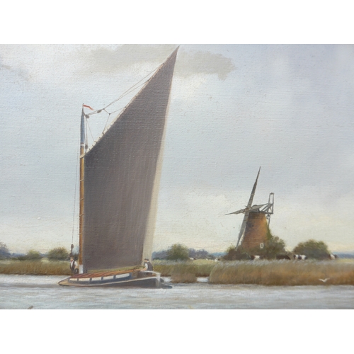 7080 - COLIN W. BURNS (b.1944) An oil on canvas, Broads scene with Wherry. Signed bottom left. Set in an or... 