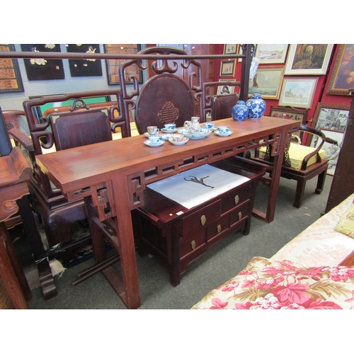 1092 - A Chinese hardwood altar table, geometric pierced frieze and stretchers, 84cm tall x 181cm long x 47... 