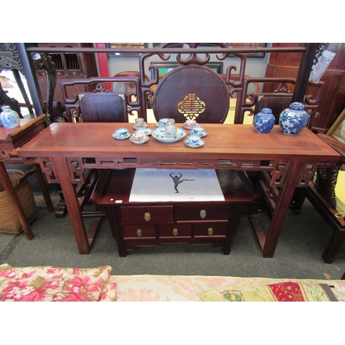 1092 - A Chinese hardwood altar table, geometric pierced frieze and stretchers, 84cm tall x 181cm long x 47... 