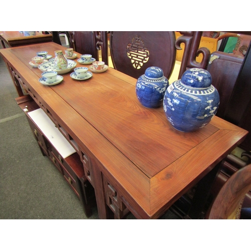 1092 - A Chinese hardwood altar table, geometric pierced frieze and stretchers, 84cm tall x 181cm long x 47... 