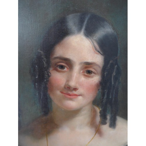 7046 - An English school 19th Century oil on canvas, full length portrait of Mrs Emily Marianna Hickman and... 