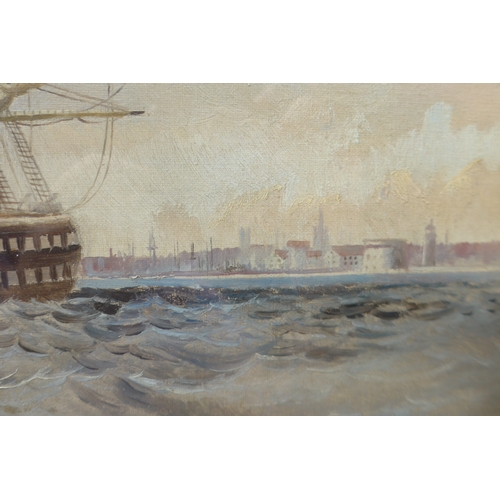 7030 - A 19th Century oil on canvas, View of Portsmouth Harbour from the sea with sailing vessels. Signed '... 