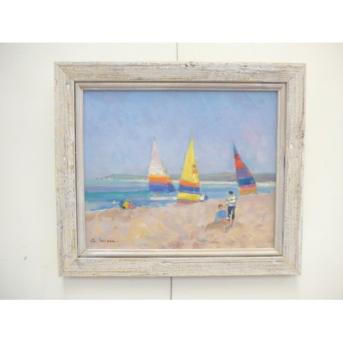 7092 - GEOFFREY WILSON (1920-2010) A framed oil on board, Bournemouth Beach scene. Signed bottom left. Imag... 