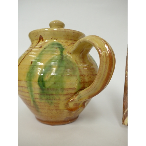 7055 - CLIVE BOWEN (b.1943) A studio pottery teapot in pale ochre glaze and painted green detail, 18cm high... 