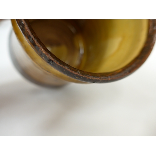 7054 - A Winchcombe Pottery Tankard with ochre glaze and incised motif decoration. Impressed pottery seals ... 