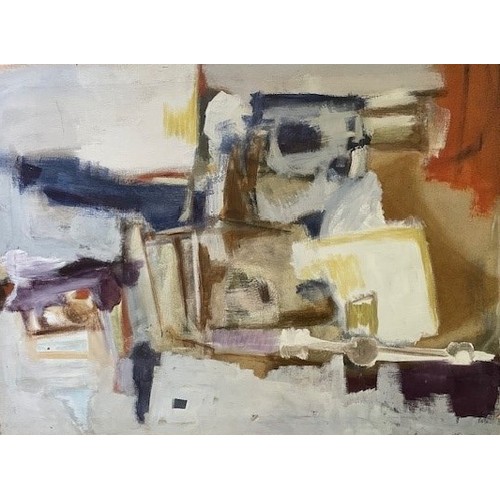 7595 - An unframed oil on canvas, abstract forms, label verso giving title as 'Red Quango' and dated 1978 w... 