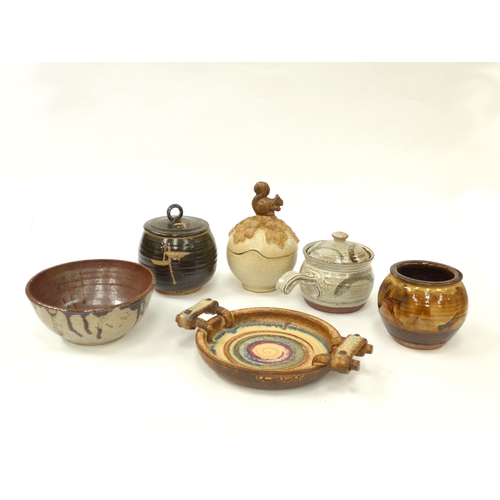 7070 - A collection of studio pottery to include Bernard Rooke lidded pot, Charlie Tustin pot, lidded canis... 