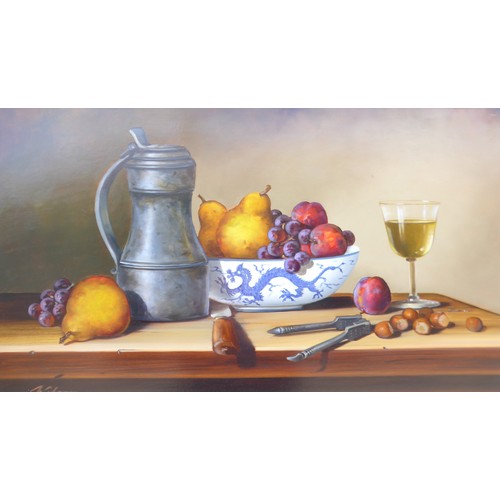 7015 - PAUL WILSON (b.1945) An oil on board still life titled 'Dessert Table' with pewter jug, fruit and wi... 