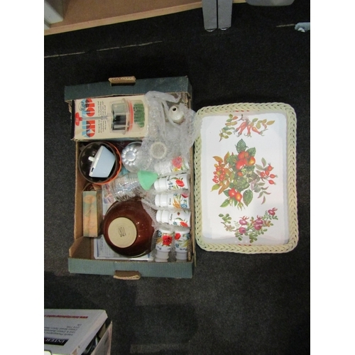 1471 - A box of kitchenalia to include Denby mixing bowl, six spice jars, tray, etc