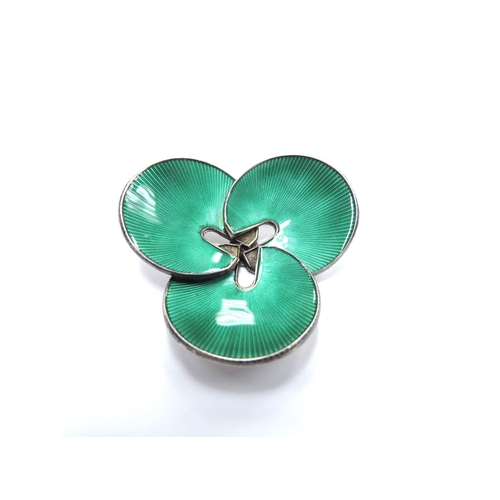 6404 - A green enamel modernistic brooch of three convex lily pads, marked Norway Sterling with anchor mark