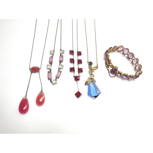 6421 - An amethyst coloured stone set gilt bracelet and four coloured glass drop necklaces (5)