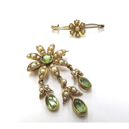 6157 - An unmarked gold pearl and peridot flower brooch with three pearl and peridot drops and an unmarked ... 