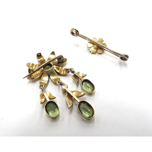 6157 - An unmarked gold pearl and peridot flower brooch with three pearl and peridot drops and an unmarked ... 