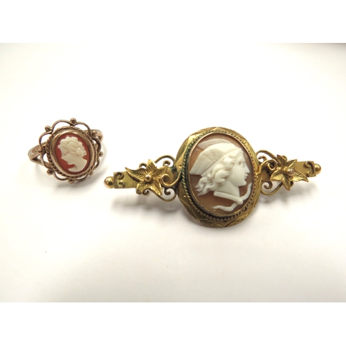 6092 - A gold cameo ring stamped 9ct, size L/M and a similar brooch depicting Mercury, unmarked 7.7g total