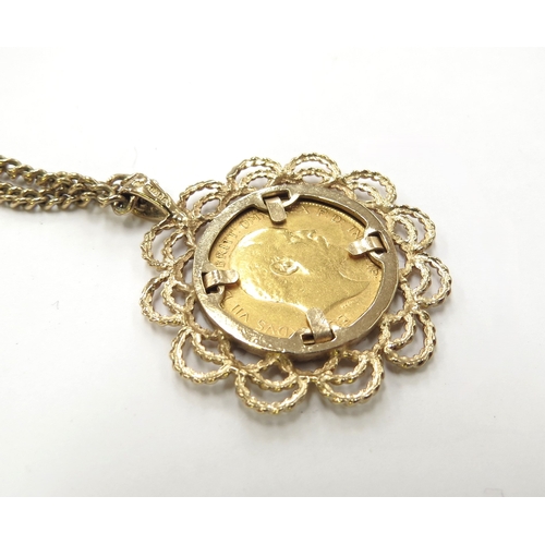 6252 - A 1910 gold half sovereign in pendant mount hung on a 9ct gold chain, 51cm long, 20g total