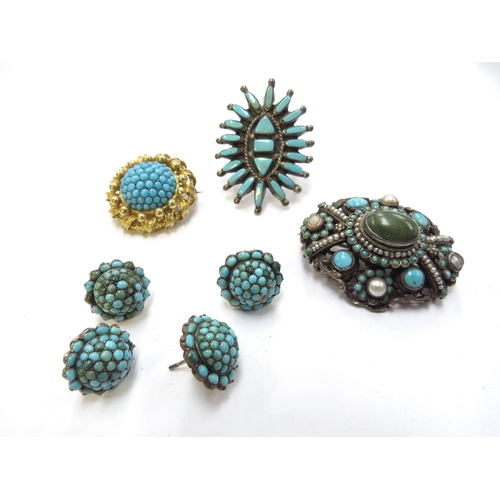 6424 - Two pairs of domed turquoise earrings, turquoise ring and two brooches