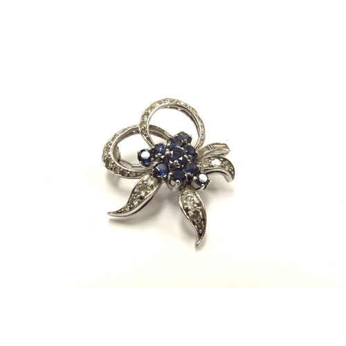 6020 - A sapphire and diamond posy bow brooch, 2.7cm wide, unmarked white metal, 4.5g