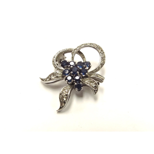 6020 - A sapphire and diamond posy bow brooch, 2.7cm wide, unmarked white metal, 4.5g