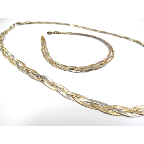 6370 - A 9ct gold three tone woven necklace, 41cm long and a similar bracelet, 18.5cm long, 10.5g