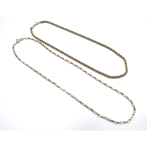 6364 - A 9ct gold rope twist necklace, 45cm long and a 9ct gold belcher chain, 51cm long, 10.8g