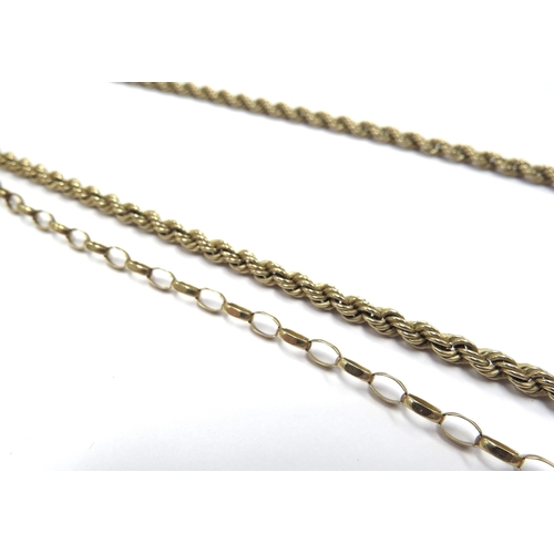 6364 - A 9ct gold rope twist necklace, 45cm long and a 9ct gold belcher chain, 51cm long, 10.8g