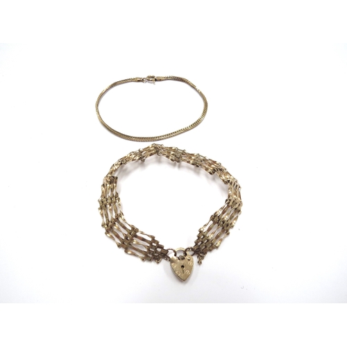 6385 - A 9ct gold gate bracelet, 18cm long and a 9ct gold flat link bracelet, 18cm long, 8.4g