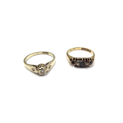 6381 - An 18ct gold sapphire and diamond ring, one sapphire missing, size L, 2.9g and a gold ring (marks ru... 