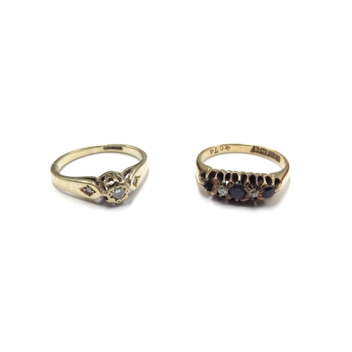 6381 - An 18ct gold sapphire and diamond ring, one sapphire missing, size L, 2.9g and a gold ring (marks ru... 