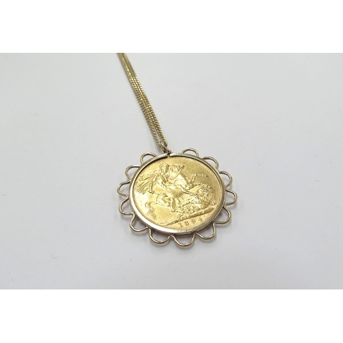 6059 - An 1894 gold sovereign in 9ct gold pendant mount hung on a 9ct gold chain, 50cm long, 12.9g total